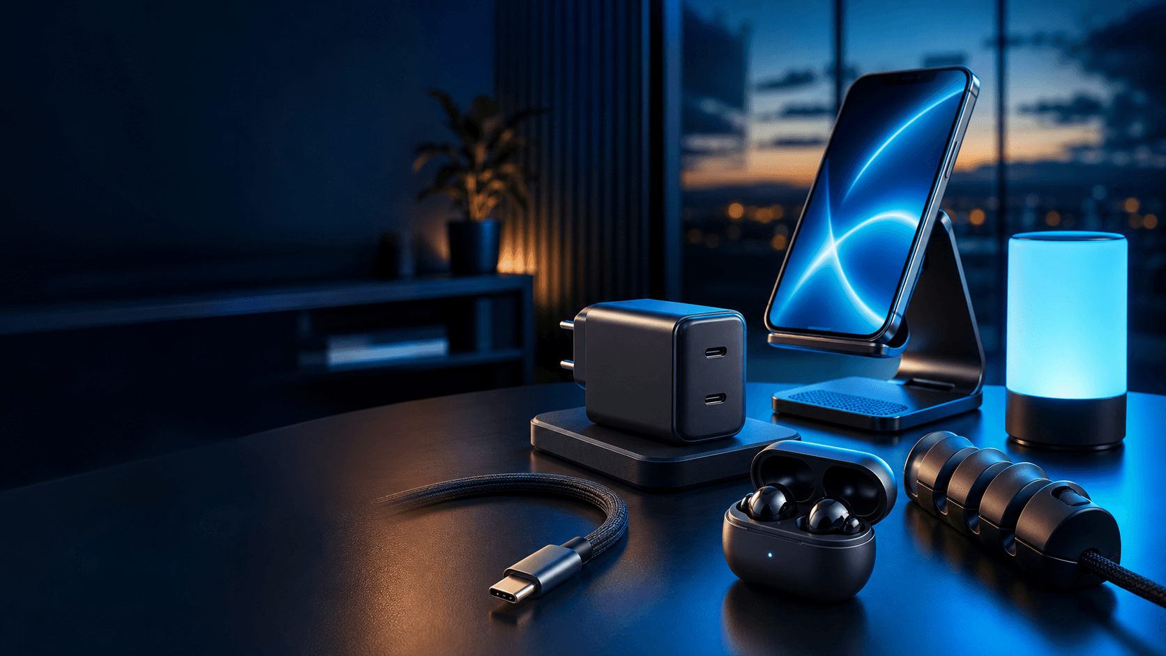 Gadgets tecnológicos com carregador, celular, fones e luz decorativa em mesa moderna